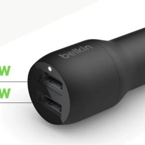 Belkin BoostCharge Dual USB-A Car Charger 24W - Black (CCB001btBK), 2xUSB-A (12W), Dual Port Fast & Compact Charger, $2,500 CEW,2YR