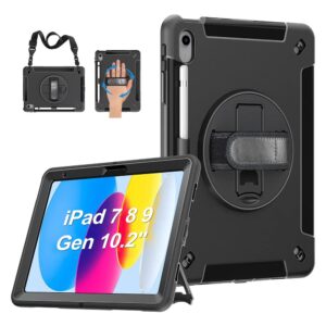 Generic Rugged Apple iPad (10.2') (9th/8th/7th Gen) Case Black - Built-in-Kickstand, Adjustable Hand Strap, Pen Holder, DropProof