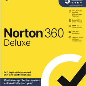Norton 360 Deluxe 50GB AU 1 User, 5 Devices, , 12 Months, Digital Key  via Email